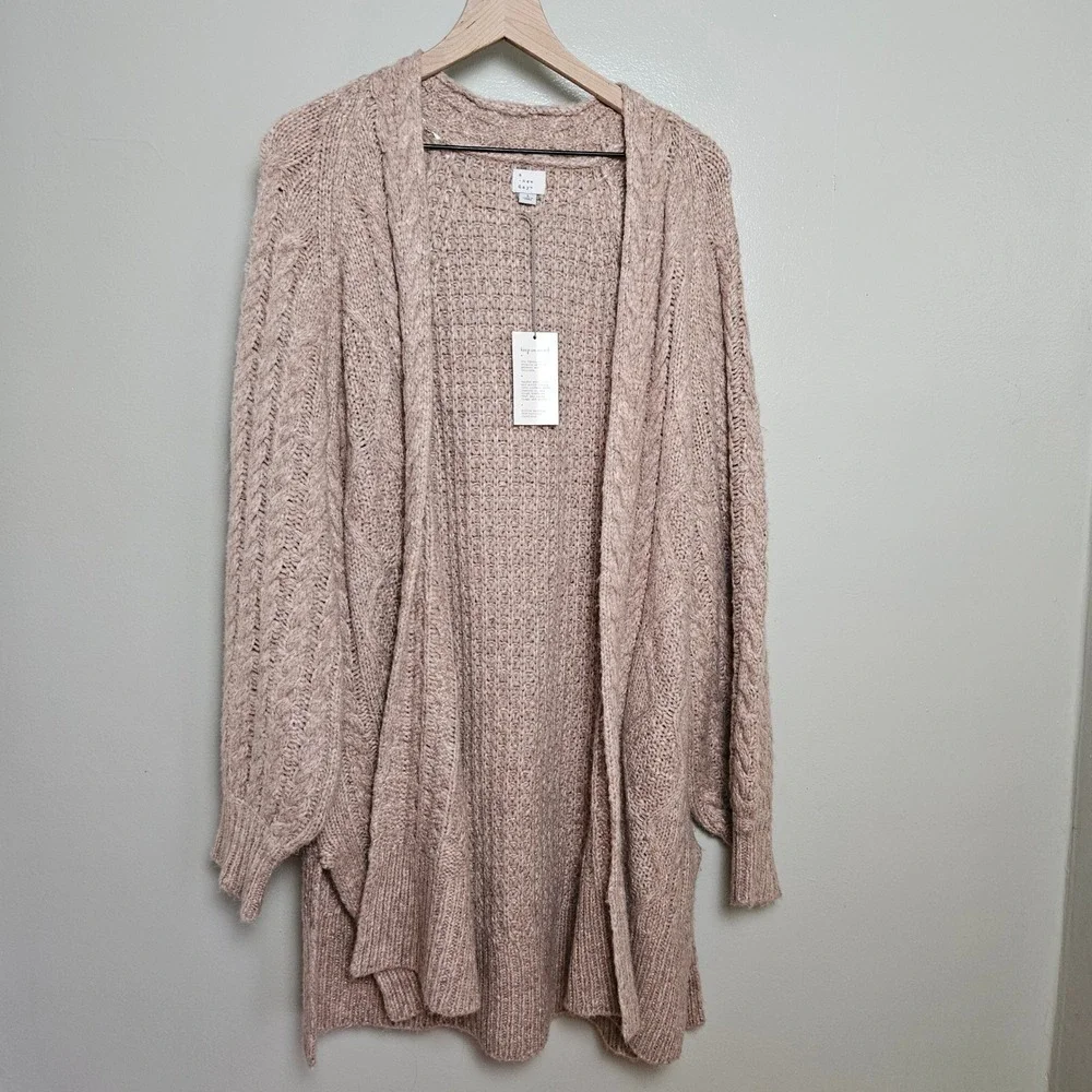 NEW A New Day Long Chunky Cardigan Sz L‎ Open Front Cable Knit Tan Blush NWT